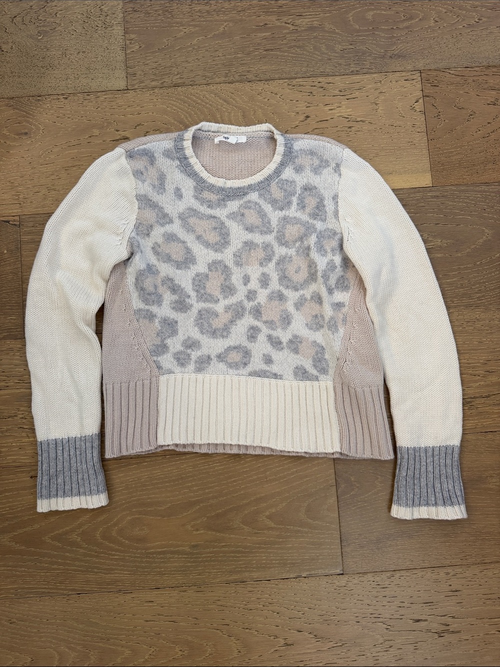Splendid Cream and Taupe Leopard Panel Crew Sweater